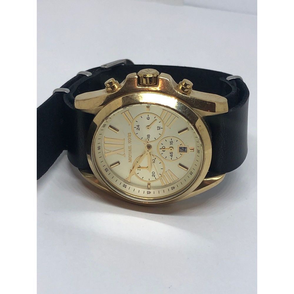 Michael Kors MK5605 Unisex Black Leather Analog Gold Dial Quartz Watch HO116 - Picture 5 of 9